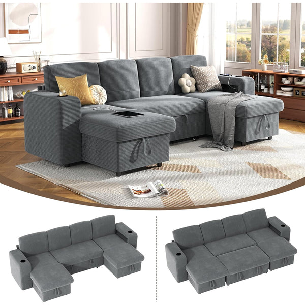 Akaber Sectional Sleeper Sofa, 4 Seats Modular L Shaped Cloud Couch with Pull Out Sofa Bed, Storage Chaise, USB Charging, Adjustable Backrest