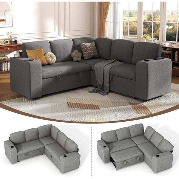 Akaber Sectional Sleeper Sofa, 5 Seats Modular U Shaped Cloud Couch with Pull Out Sofa Bed, Storage Chaise, USB Charging, Adjustable Backrest