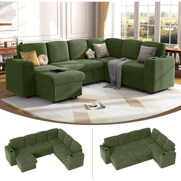 Akaber Sectional Sleeper Sofa, 6 Seats Modular L Shaped Cloud Couch with Pull Out Sofa Bed, Storage Chaise, USB Charging, Adjustable Backrest