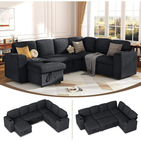 Akaber Sectional Sleeper Sofa, 6 Seats Modular L Shaped Cloud Couch with Pull Out Sofa Bed, Storage Chaise, USB Charging, Adjustable Backrest