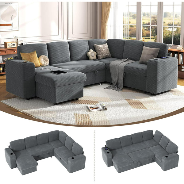 Akaber Sectional Sleeper Sofa, 6 Seats Modular L Shaped Cloud Couch with Pull Out Sofa Bed, Storage Chaise, USB Charging, Adjustable Backrest