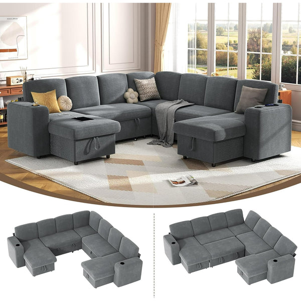 Akaber Sectional Sleeper Sofa, 7 Seats Modular U Shaped Cloud Couch with Pull Out Sofa Bed, Storage Chaise, USB Charging, Adjustable Backrest