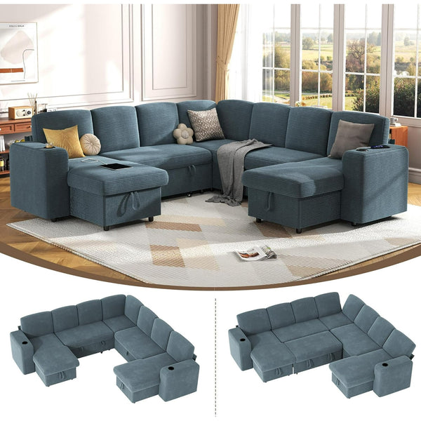 Akaber Sectional Sleeper Sofa, 7 Seats Modular U Shaped Cloud Couch with Pull Out Sofa Bed, Storage Chaise, USB Charging, Adjustable Backrest