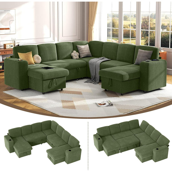 Akaber Sectional Sleeper Sofa, 7 Seats Modular U Shaped Cloud Couch with Pull Out Sofa Bed, Storage Chaise, USB Charging, Adjustable Backrest