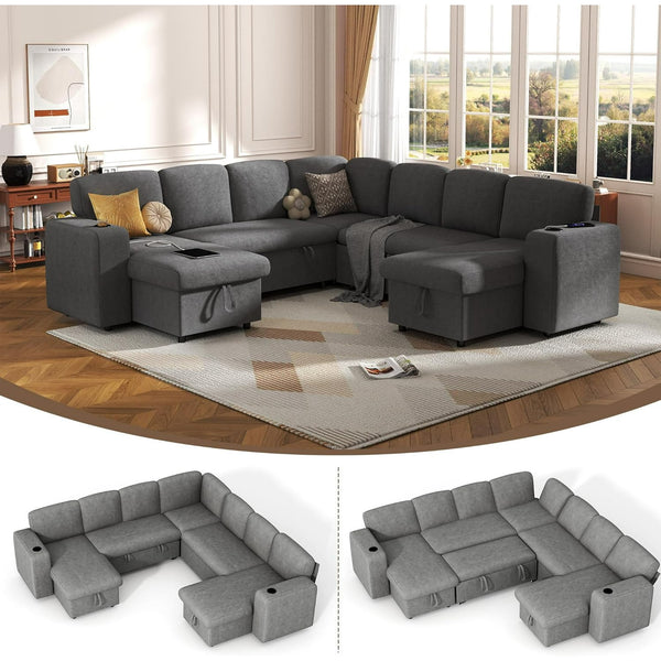Akaber Sectional Sleeper Sofa, 7 Seats Modular U Shaped Cloud Couch with Pull Out Sofa Bed, Storage Chaise, USB Charging, Adjustable Backrest