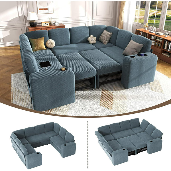 Akaber Sectional Sleeper Sofa, 8 Seats Modular U Shaped Cloud Couch with Pull Out Sofa Bed, Storage Chaise, USB Charging, Adjustable Backrest