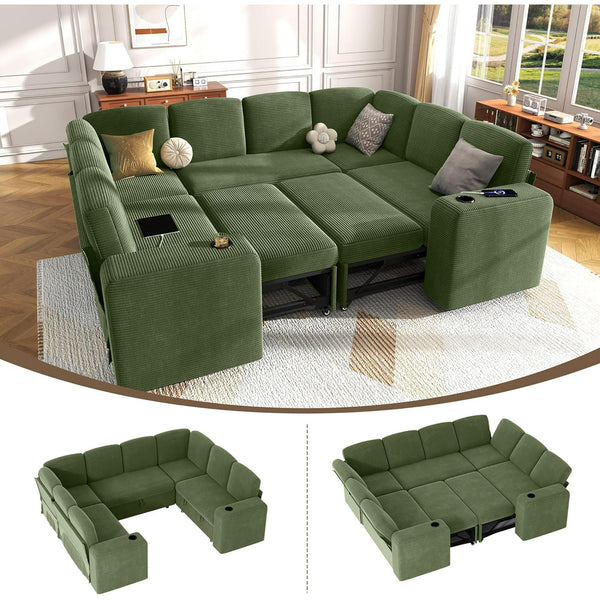 Akaber Sectional Sleeper Sofa, 8 Seats Modular U Shaped Cloud Couch with Pull Out Sofa Bed, Storage Chaise, USB Charging, Adjustable Backrest