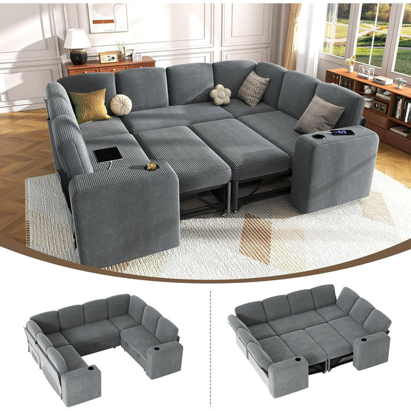 Akaber Sectional Sleeper Sofa, 8 Seats Modular U Shaped Cloud Couch with Pull Out Sofa Bed, Storage Chaise, USB Charging, Adjustable Backrest