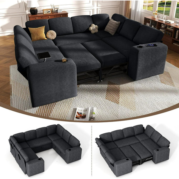 Akaber Sectional Sleeper Sofa, 8 Seats Modular U Shaped Cloud Couch with Pull Out Sofa Bed, Storage Chaise, USB Charging, Adjustable Backrest