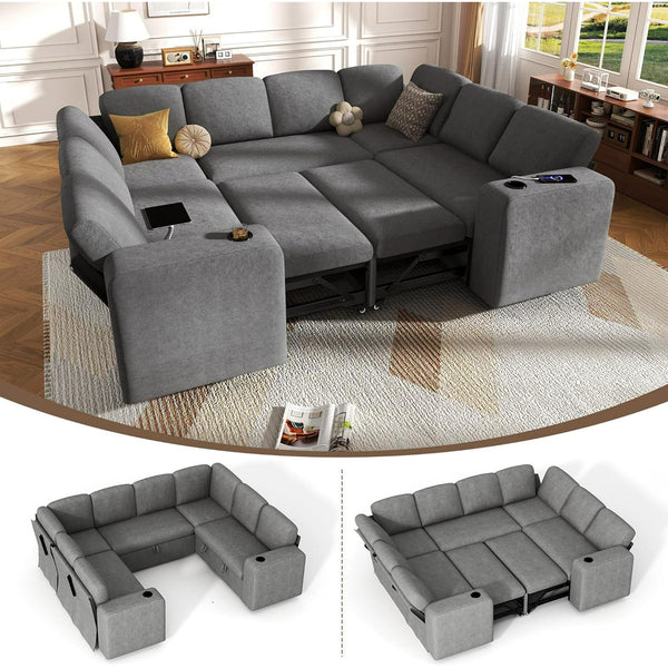 Akaber Sectional Sleeper Sofa, 8 Seats Modular U Shaped Cloud Couch with Pull Out Sofa Bed, Storage Chaise, USB Charging, Adjustable Backrest