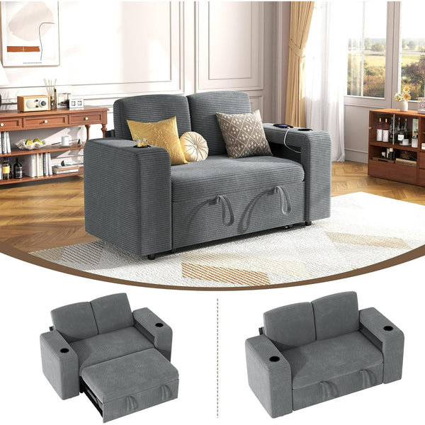 Akaber Sectional Sleeper Sofa with Pull Out Couch Bed, 2 Seats Modular Cloud Couch with Dual Arm Storage, USB Charging and Adjustable Backrest Sofa