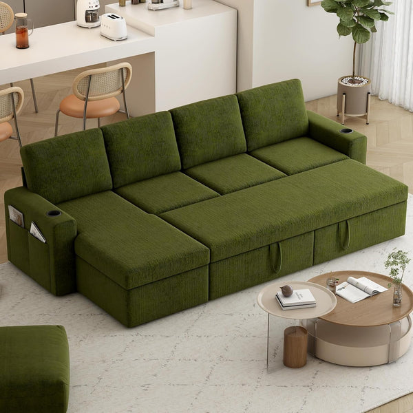 Akaber Sofa Bed 103" L-Shaped Sectional Sleeper Sofa with Storage Chaise, Pull Out Couch - Cup Holders, Side Pockets for Living Room