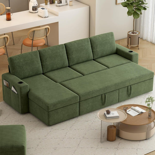 Akaber Sofa Bed 103" L-Shaped Sectional Sleeper Sofa with Storage Chaise, Pull Out Couch - Cup Holders, Side Pockets for Living Room