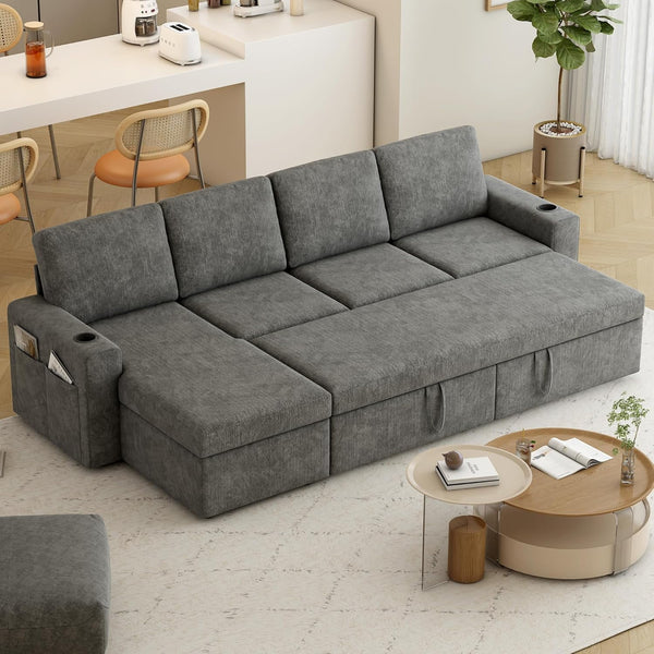 Akaber Sofa Bed 103" L-Shaped Sectional Sleeper Sofa with Storage Chaise, Pull Out Couch - Cup Holders, Side Pockets for Living Room