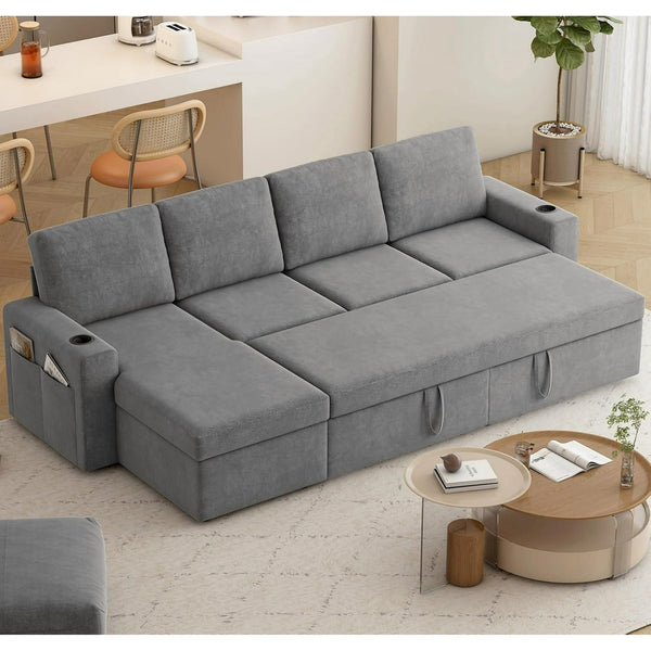 Akaber Sofa Bed 103" L-Shaped Sectional Sleeper Sofa with Storage Chaise, Pull Out Couch - Cup Holders, Side Pockets for Living Room