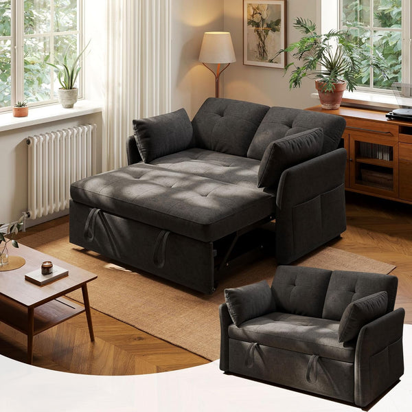 Akaber Sofa Bed Futon Couch 3-in-1 Convertible Sleeper, Tool-Free Assembly, Adjustable Backrest Velvet Pull Out Loveseat with Side Pocket for Living Room, Bedroom