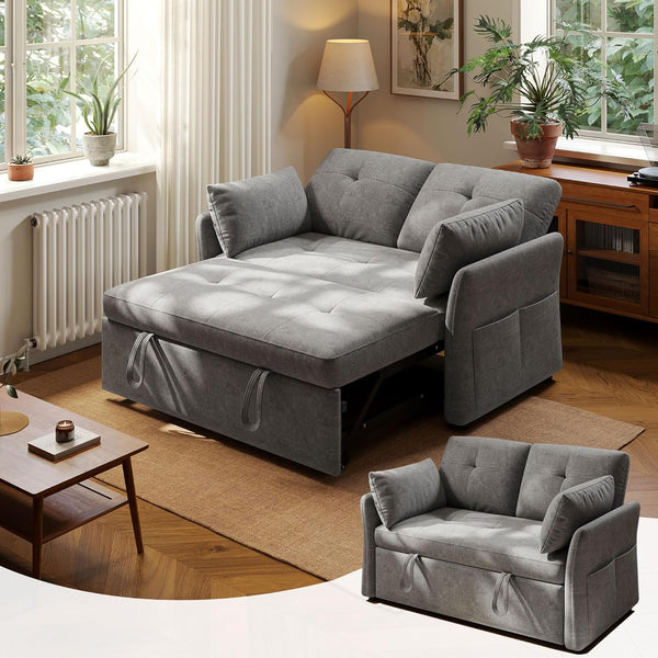 Akaber Sofa Bed Futon Couch 3-in-1 Convertible Sleeper, Tool-Free Assembly, Adjustable Backrest Velvet Pull Out Loveseat with Side Pocket for Living Room, Bedroom