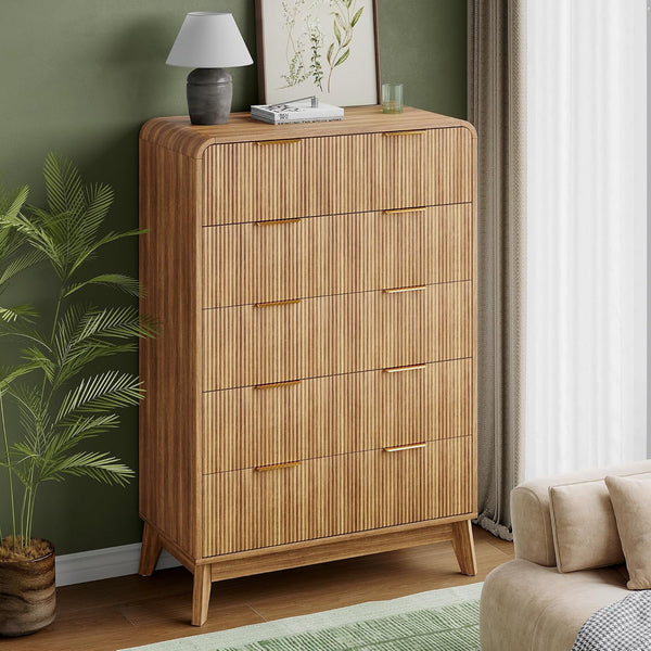 Akaber Tall Dresser, 5 Drawer Dresser for Bedroom, Fluted Dresser with Curved Profile, Organizer Storage for Living Room Entryway
