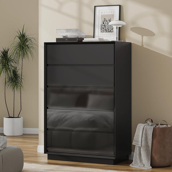 Akaber US 47'' Tall Black Dresser for Bedroom, Glossy Wood Dresser with 5 Deep Chests of Drawers for Bedroom, Hallway and Entryway