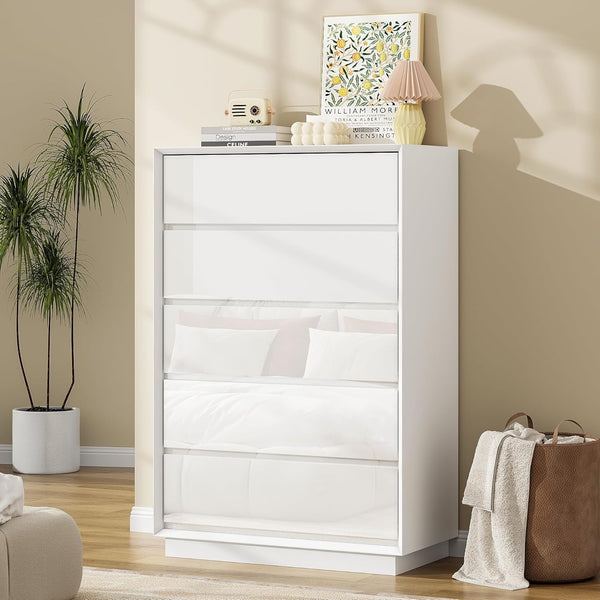 Akaber US 47'' Tall White Dresser for Bedroom, Glossy Wood Dresser with 5 Deep Chests of Drawers for Bedroom, Hallway and Entryway