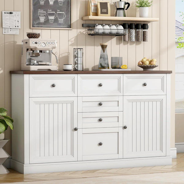 Akaber 57.4 “ Buffet Cabinet with Storage, Farmhouse Buffet Cabinet with 6 Drawers and 2 Doors, Sideboard Cabinet for Dinning Room, Living Room (White, 57.4)