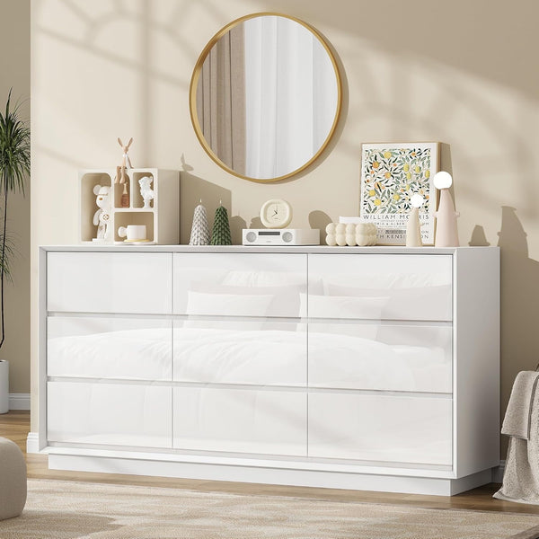 Akaber US 63'' White Dresser for Bedroom, Glossy Large Dresser with 9 Deep Chests of Drawers for Bedroom, Living Room, Closet