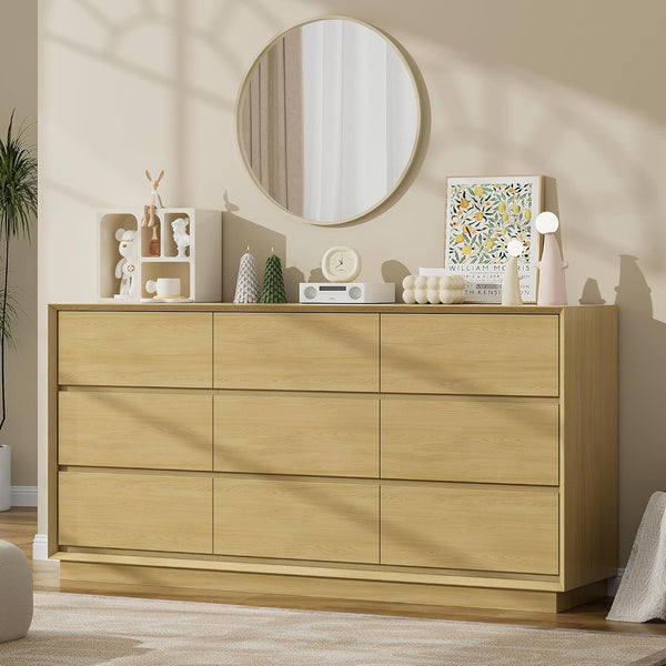 Akaber US 63'' Wooden Dresser for Bedroom, Large Dresser with 9 Deep Chests of Drawers for Bedroom, Living Room, Closet
