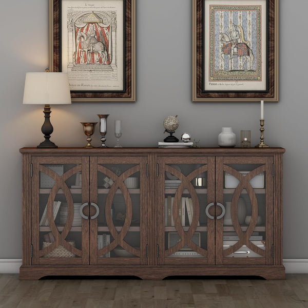 Akaber US 69" Sideboard Buffet, Farmhouse Buffet Cabinet with 4 Glass Barn Doors, Wood Sideboard Storage Cabinet for Kitchen, Dining Room, Living Room, Antique Brown