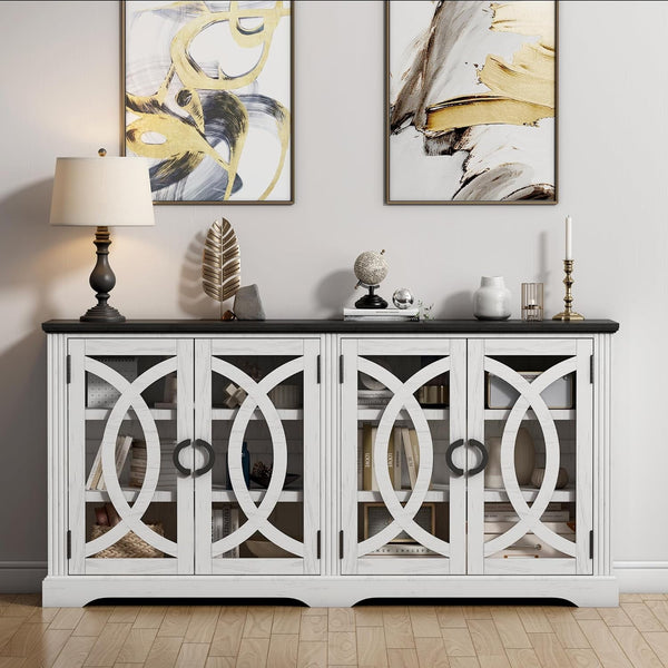 Akaber US 69" Sideboard Buffet, Farmhouse Buffet Cabinet with 4 Glass Barn Doors, Wood Sideboard Storage Cabinet for Kitchen, Dining Room, Living Room, Antique White