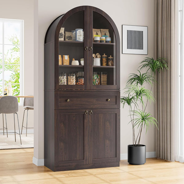 Akaber US 71" Tall Arched Kitchen Pantry Cabinet with Glass Doors, Modern Kitchen Storage Cabinets with Adjustable Shelves and Drawer, Wooden Storage Pantry Cabinet for Living Room, Dining Room