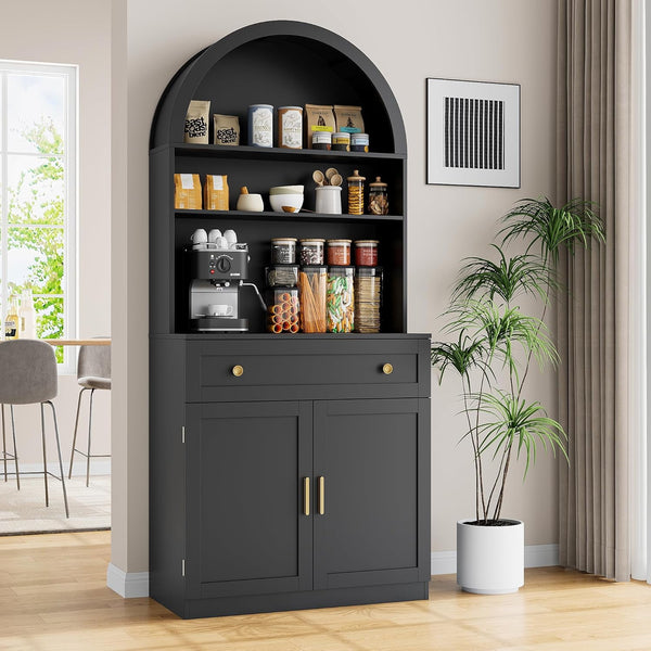 Akaber US 71" Tall Arched Kitchen Pantry Cabinet, Modern Kitchen Storage Cabinets with Hidden Drawer and Spacious Countertop, Wooden Storage Pantry Cabinet for Living Room, Dining Room, Black