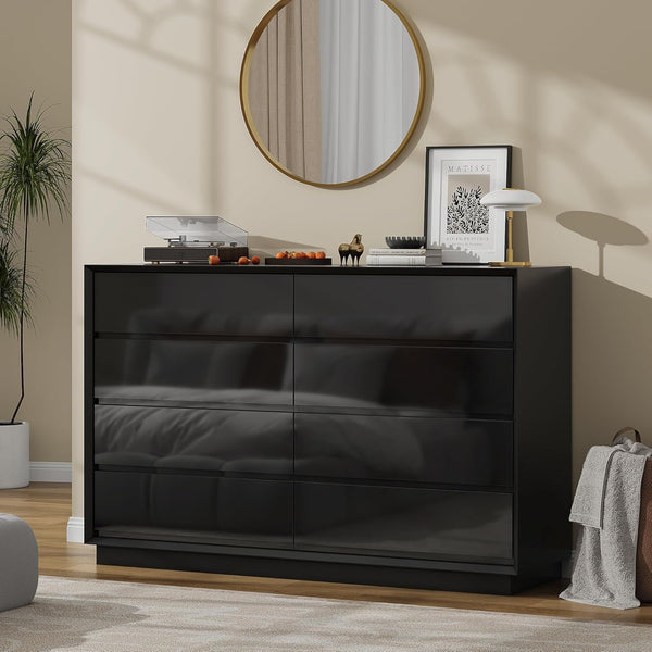 8 Drawer Black Dresser for Bedroom, Glossy Wood Dresser with Double Deep Chests of Drawer for Bedroom, Kids Room