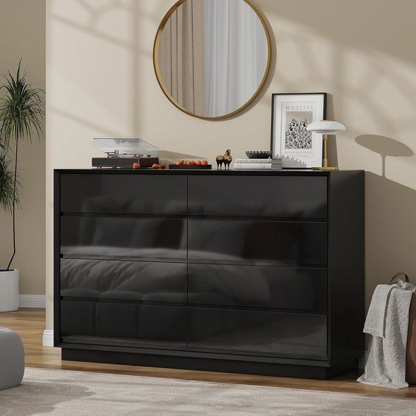 Akaber US 8 Drawer Black Dresser for Bedroom, Glossy Wood Dresser with Double Deep Chests of Drawer for Bedroom, Kids Room