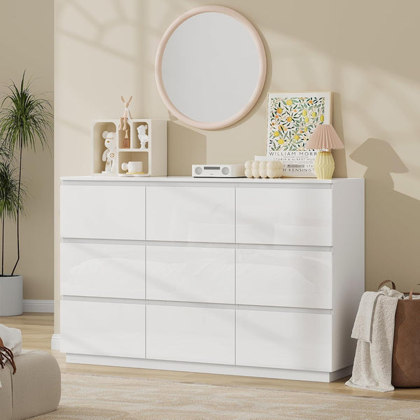 Akaber US 9 Drawer Dresser, Modern White Dresser for Bedroom, Glossy Long Dresser with LED Lights & Charging Station, Wide Dressers and Chests of Drawers, Ball Bearing Slide