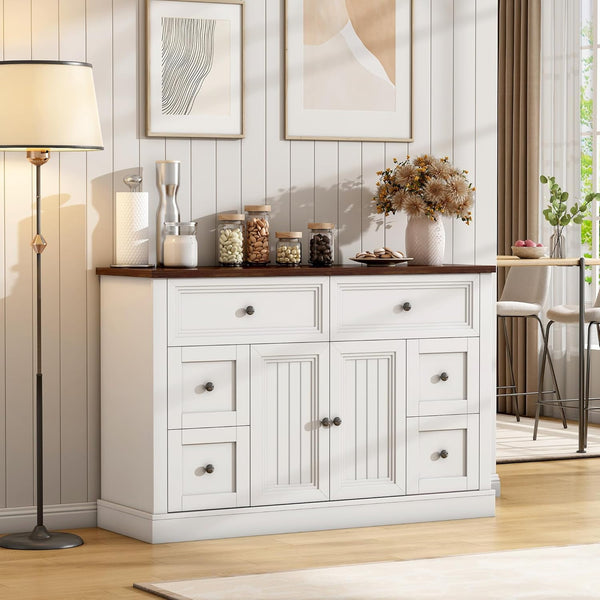 Akaber US Buffet Cabinet with Storage, Farmhouse Buffet Cabinet with 6 Drawers and 2 Doors, Sideboard Cabinet for Dinning Room, Living Room (White, 47.2)