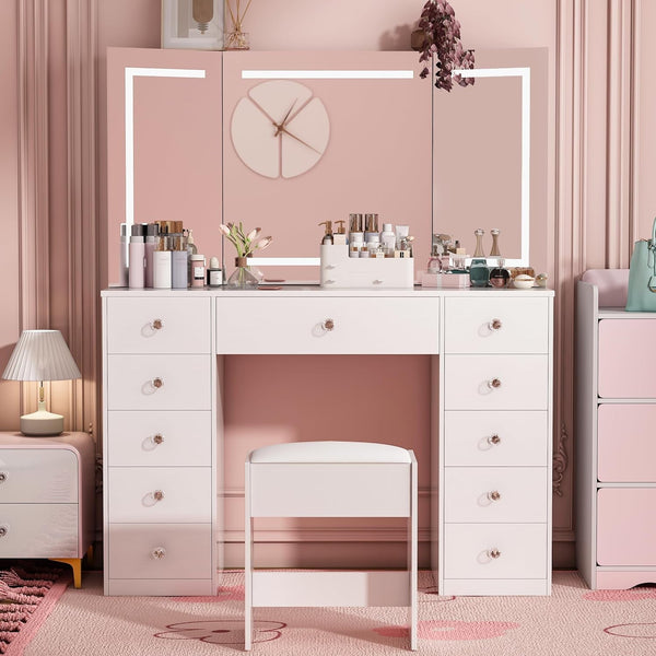 Akaber Vanity Desk with Power Outlet, Makeup Vanity with Mirror and LED Lights, 3 Lighting Modes,11 Drawers Vanity Table with Sliding Jewelry Storage, White