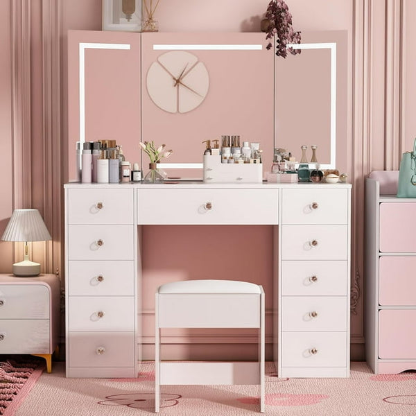Vanity Desk with Power Outlet, Makeup Vanity with Mirror and LED Lights, 3 Lighting Modes,11 Drawers Vanity Table with Sliding Jewelry Storage, White