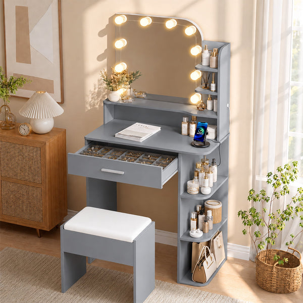 Akaber Vanity Set with Mirror and Lights, Small Makeup Vanity Desk with Stool, Charging Station, Gray Vanity for Small Spaces
