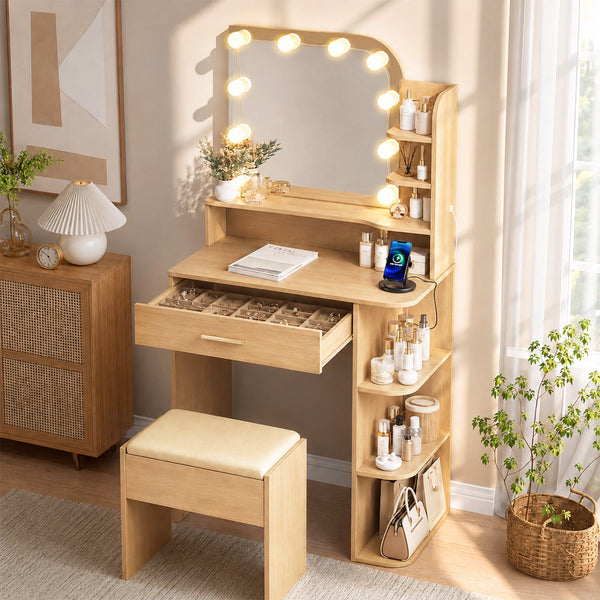 Akaber Vanity Set with Mirror and Lights, Small Makeup Vanity Desk with Stool, Charging Station, Oak Vanity for Small Spaces