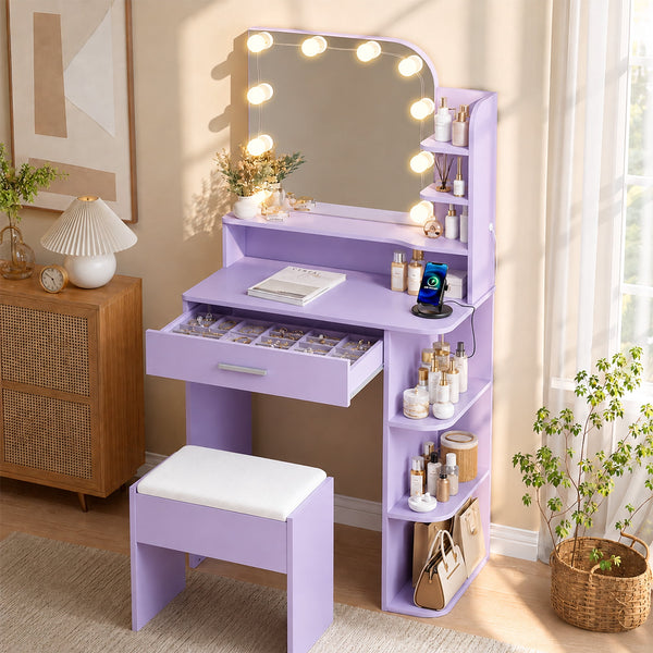 Akaber Vanity Set with Mirror and Lights, Small Makeup Vanity Desk with Stool, Charging Station, Purple Vanity for Small Spaces