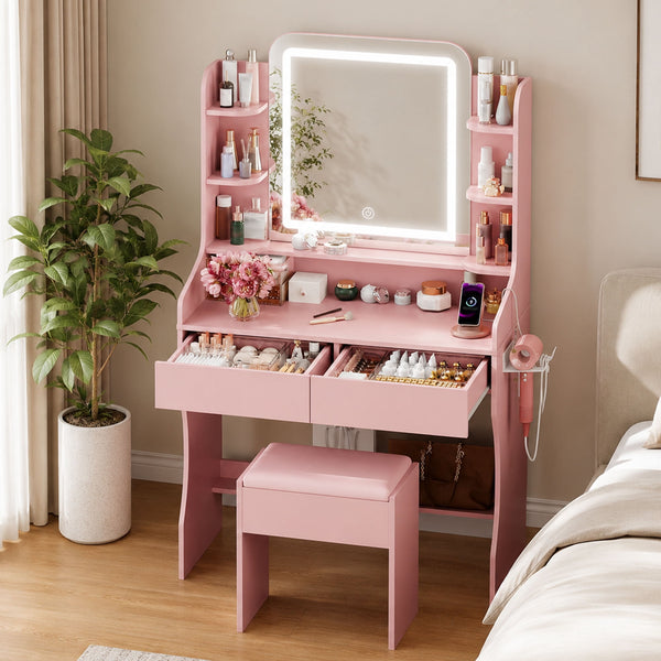 Pink Vanity Set with Mirror and Lights, Akaber Makeup Vanity Desk with Chair, Charging Station, Vanity for Women