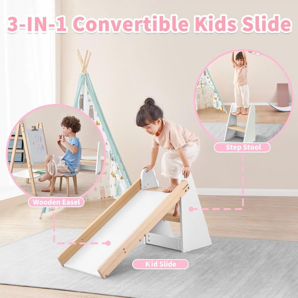 3 in 1 Wooden Slide for Kids - Convertible into Step Stools and Kids Easel, Toddler Slide Indoor, Detachable Wooden Kids Slide for Playroom