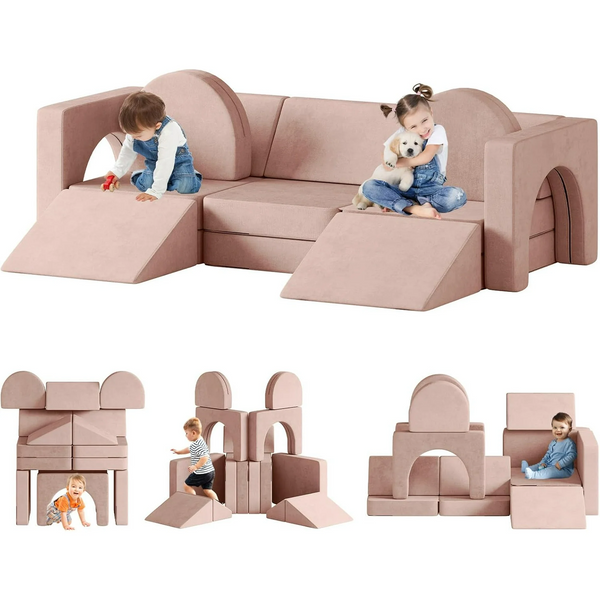 Modular Kids Play Couch 13pcs, Kids Sofa with Climbing Slope, Toddler Couch Kids Couch for Fortplay Bedroom and Playroom, Toddler Couches Fold Out for Boys and Girls, Convertible Foam Couch for Kids