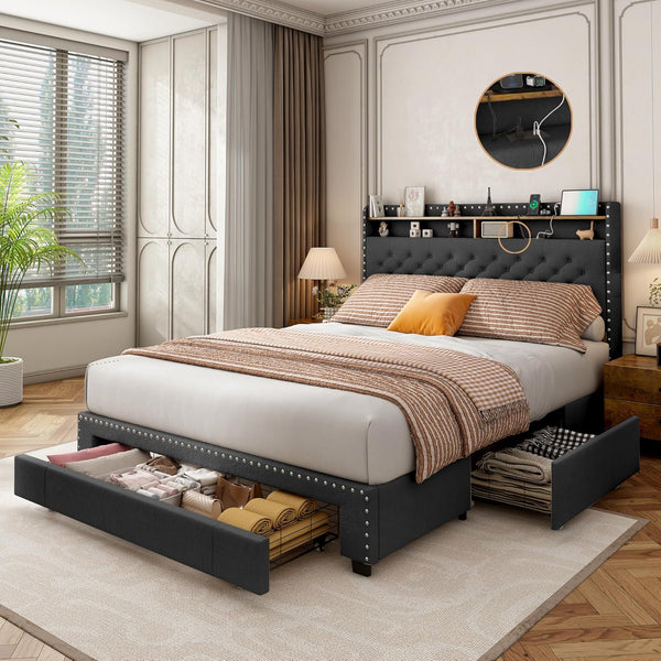 Bed Frame with 3 Drawers, 2-Tier Storage Headbord, Bed Frame with Storage, LED Lights and Charging Station, Upholstered Platform Bed Frame, Wood Slats Support