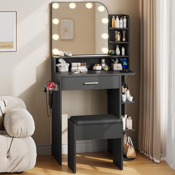 Black Vanity Set with Mirror and Lights, Pipleo 26.4" Small Vanity with Stool and Charging Station, Makeup Vanity Desk, 3 Color Lighting Modes