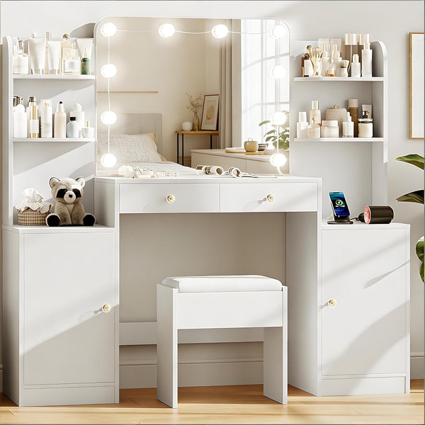 Wanan 53" Makeup Vanity Set with Chair, Large Vanity Desk with Mirror, Lights, Charging Station