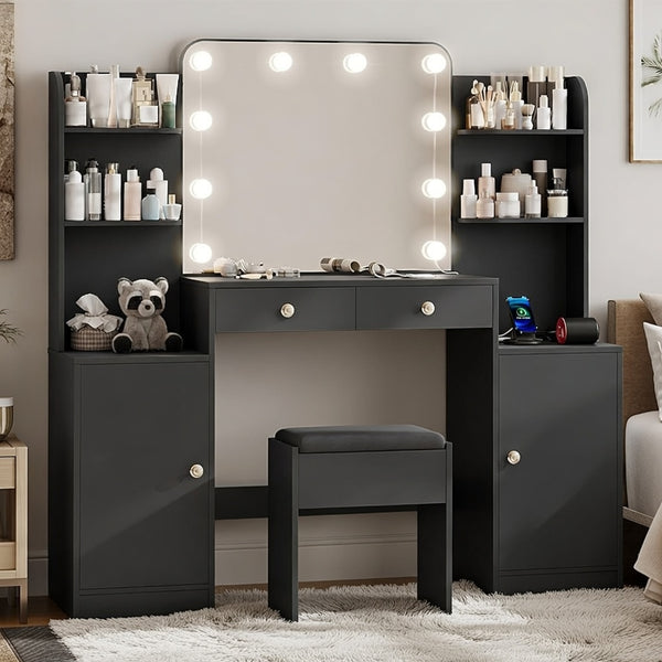 53" Makeup Vanity Set with Mirror and Lights, Pipleo Big Balck Makeup Vanity Desk with Chair and Power Outlet, 3 Color Lighting Modes & Adjustable Brightness for Bedroom