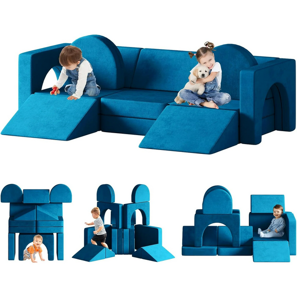 Modular Kids Play Couch 13pcs, Kids Sofa with Climbing Slope, Toddler Couch Kids Couch for Fortplay Bedroom and Playroom, Toddler Couches Fold Out for Boys and Girls, Convertible Foam Couch for Kids