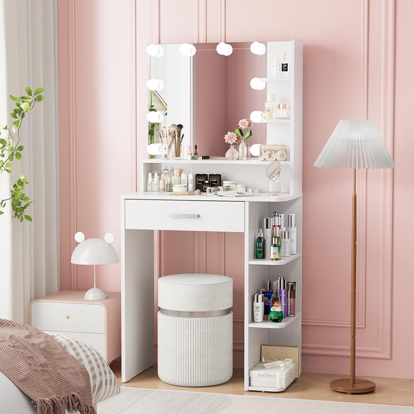 ICEELF Makeup Vanity Desk with Mirror and Lights, 26.4" White Vanity Mirror with Lights with Large Drawer and 6 Level Storage, White Vanity with Large Led Mirror with 3 Color Lighting Modes