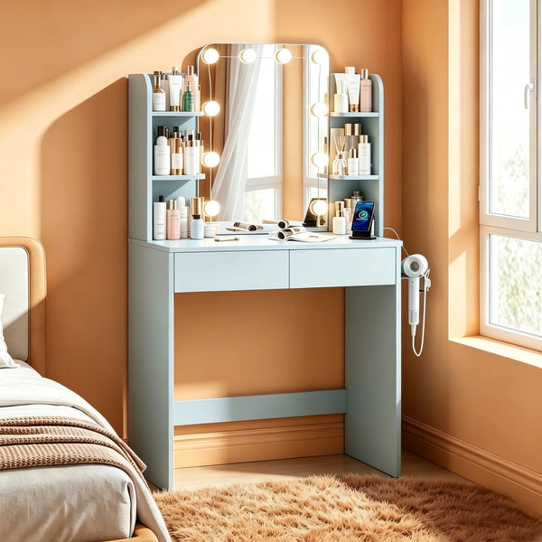 ICEELF 31.5" Blue Vanity Desk with Mirror and 3 Color Lights, Small Makeup Vanity Set with Power Outlet & Hairdryer Rack for Small Spaces